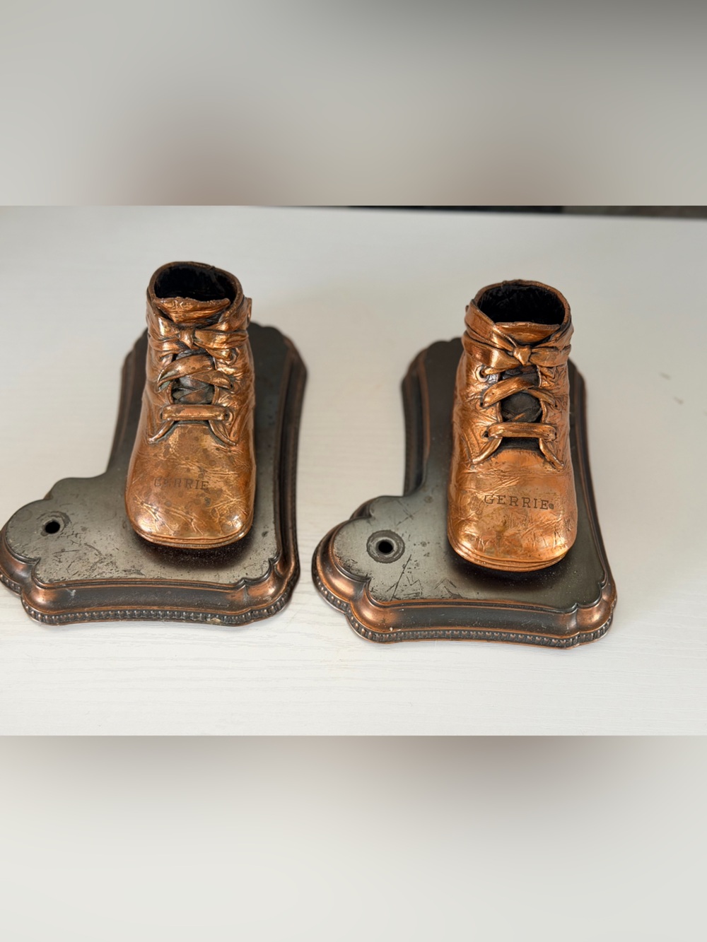 Vintage 1950s Mid-Century Bronzed Baby Shoes Wall Plaques Embossed Name "Gerrie”